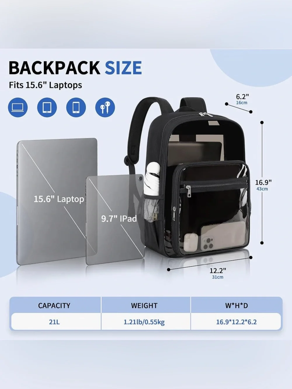 Clear Front Black Backpack with Front Pocket